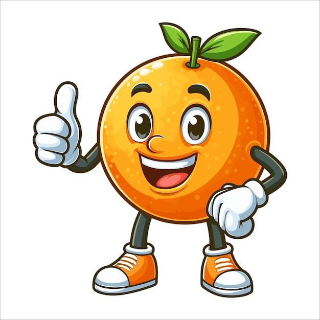 カートゥーンでオレンジ色の果物のキャラクターが白い背景に親指を上げてベクトルイラストを描いています