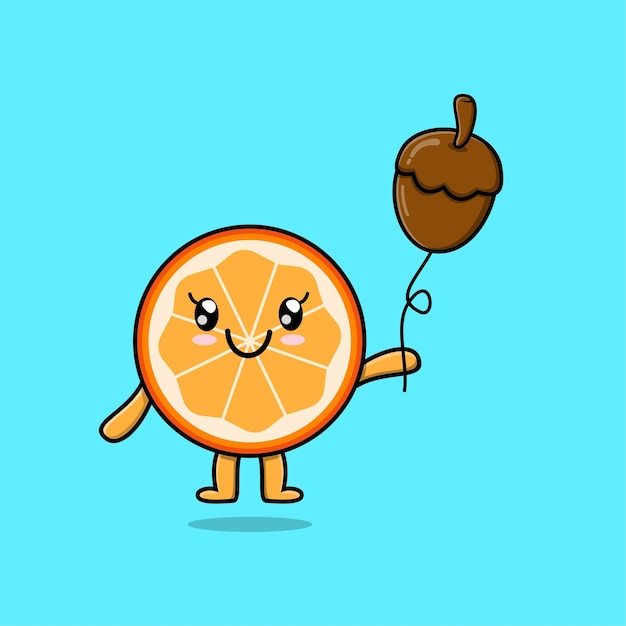 Cartoon oranje fruit drijvend met eikelballon