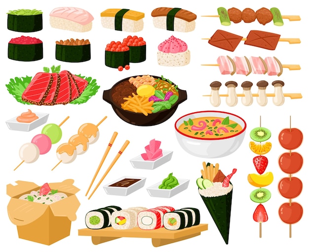 Vettore piatti deliziosi del cibo di strada della cucina asiatica orientale del fumetto. cibo giapponese, noodles, sashimi, set di illustrazioni vettoriali per rotoli di sushi di pesce. delizioso cibo cinese o giapponese?
