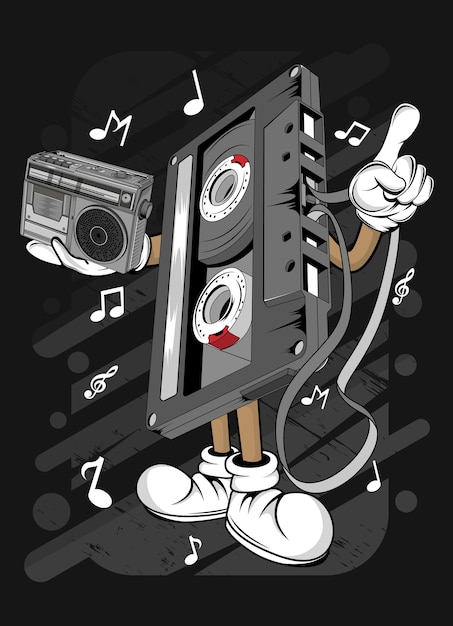 Cartoon oude cassette tshirt ontwerp illustratie