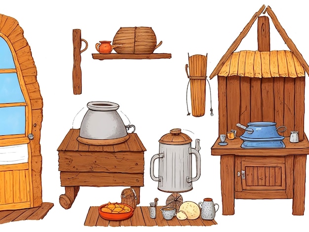 Cartoon oude interieurelementen van de Russische hut Oude keuken met traditionele AI_Generated