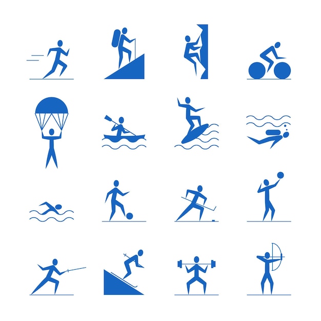 Cartoon Outdoor Activiteiten Sport Games Blauwe Pictogrammen Set Vector