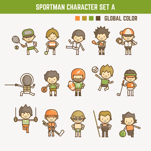 Vector cartoon outline sportman character set