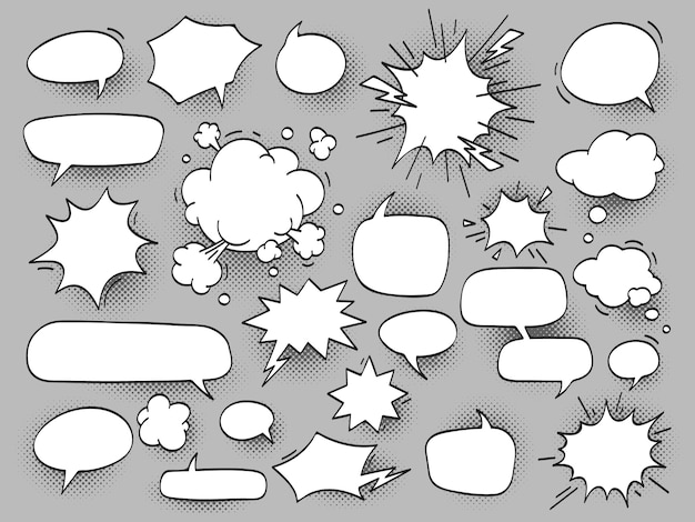 Cartoon oval discuss speech bubbles and bang bam clouds with hal