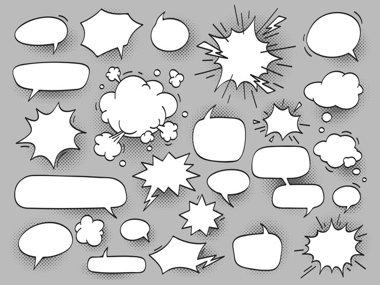 Vector cartoon oval discuss speech bubbles and bang bam clouds with hal