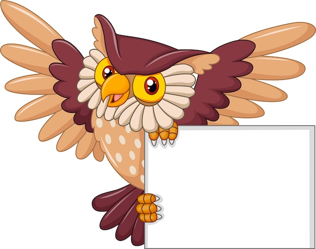 Vector cartoon owl bird flying holding blank sign