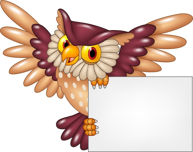 Vector cartoon owl bird flying holding blank sign