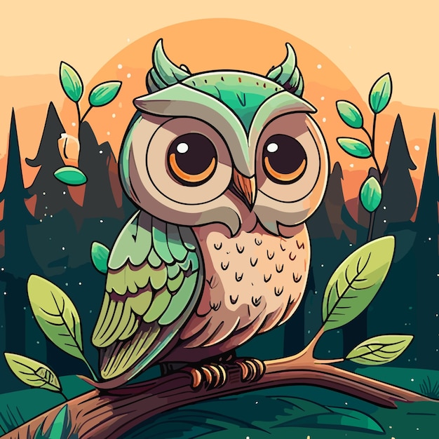 A cartoon owl sits on a branch in a forest