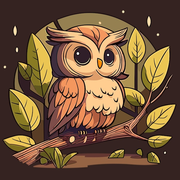 A cartoon owl sits on a branch with green leaves and the words owl on the front