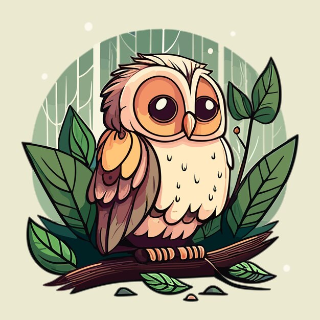 A cartoon owl sits on a branch with leaves around it