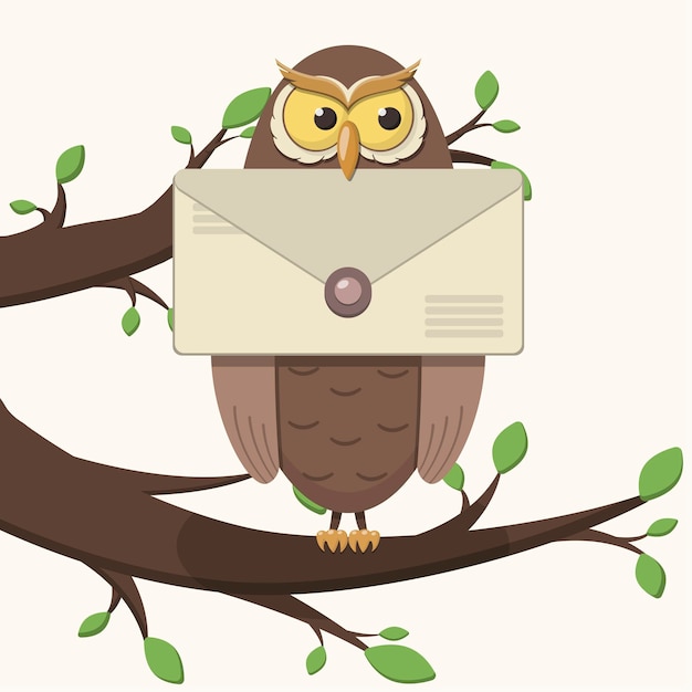 A cartoon owl sits on a branch with leaves, holds a sealed letter in its beak.