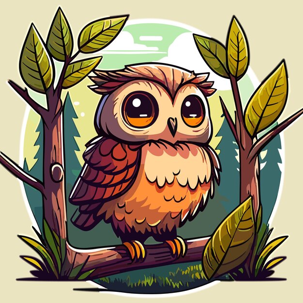 Cartoon owl sitting on a branch with a green background