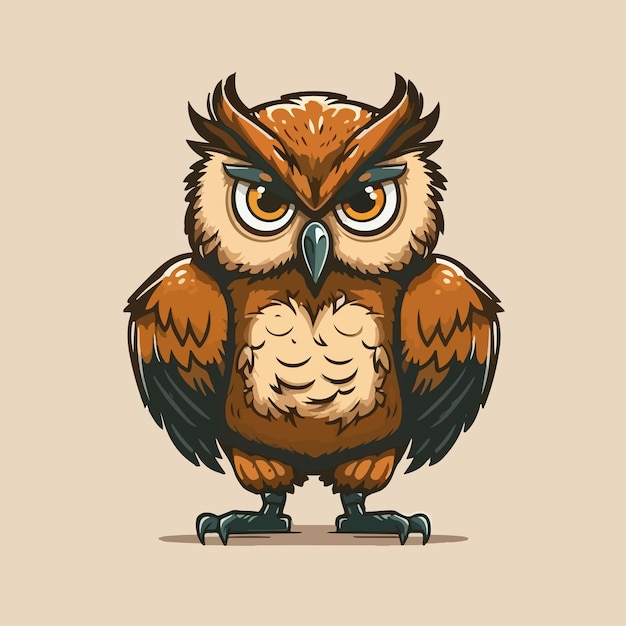 Cartoon owl with a big brown eyes and a big brown owl on a light background.