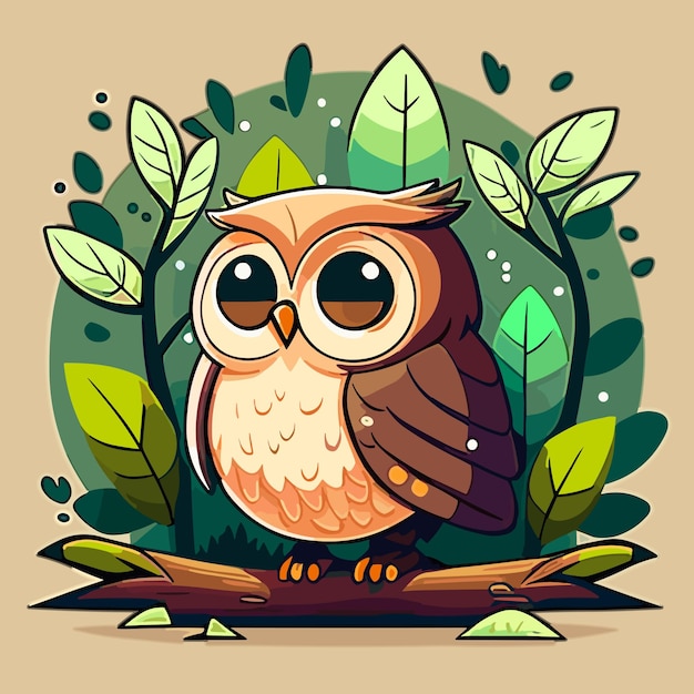 Vector a cartoon owl with big eyes sits on a branch surrounded by leaves