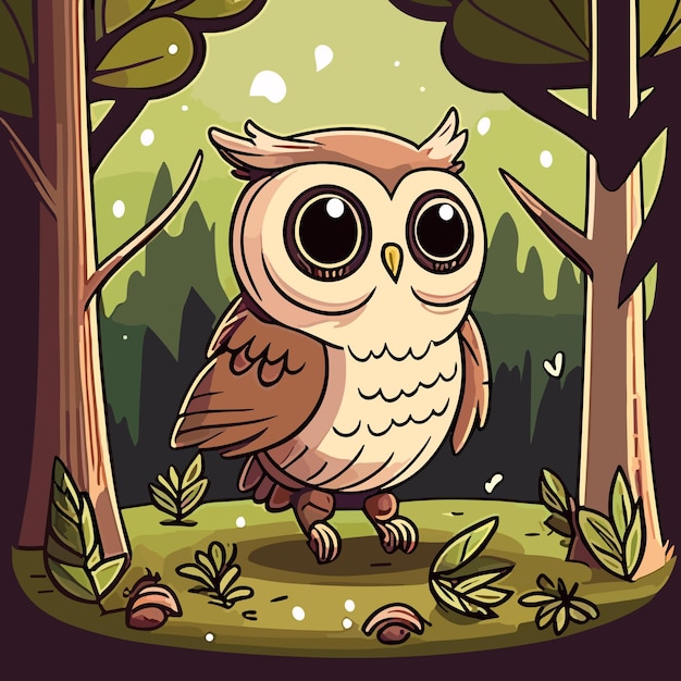 A cartoon owl with big eyes stands in a forest