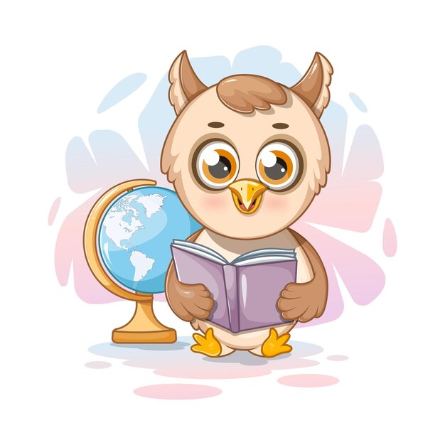 Cartoon owl with a book and a globe