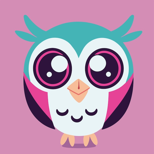 A cartoon owl with pink and blue eyes and pink stripes.