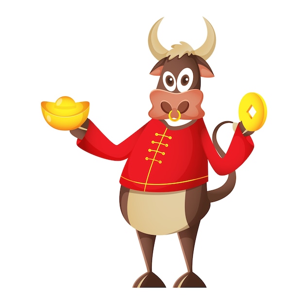 Cartoon ox character holding gold emperor's coin and ingot on white background