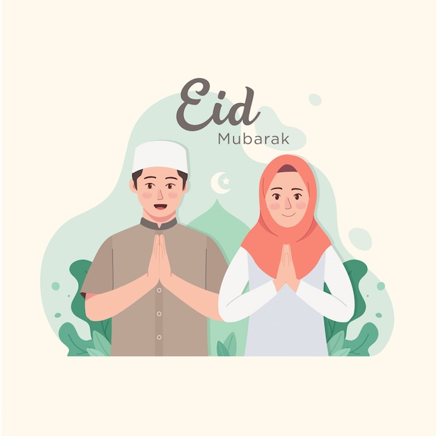 Cartoon paar moslim wensen en groet Eid Mubarak