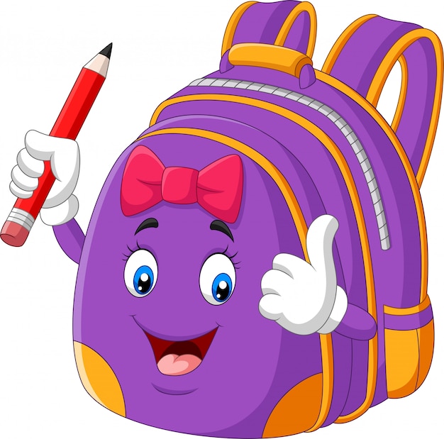 Vector cartoon paarse school rugzak bedrijf potlood en geven duimen omhoog
