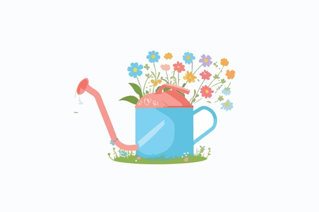 Vector cartoon paasdag blauwe waterpot met bladeren en voorjaarsbloemen bloemenboeket tulpen