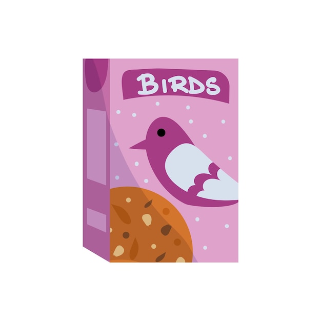 Vector cartoon package with bird food pets feed box veterinary shop goods template isolated bright cardboard container for domestic animal dry nutrition birdie care vector vet merchandise packaging