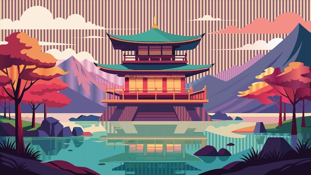 a cartoon of a pagoda with a mountain in the background