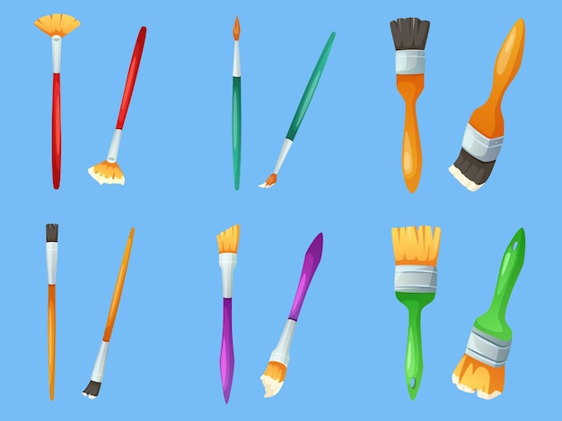 Vettore pennello per cartoni animati strumenti per pittori pennelli di diverse dimensioni con vernice per disegnare e dipingere set di oggetti vettoriali