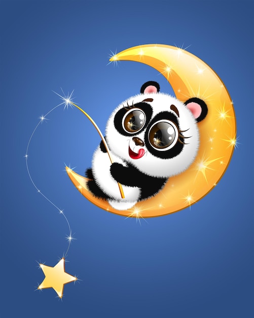 Cartoon panda girl on the Moon with star on fishing rod