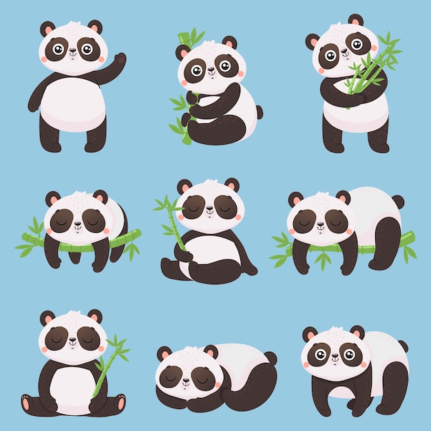 Bambini del panda del fumetto. piccoli panda, simpatici animali con bambù e simpatico panda addormentato.