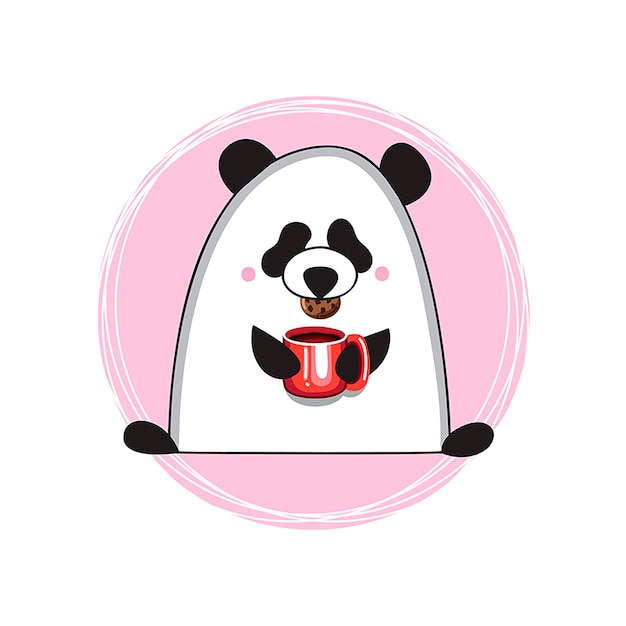Cartoon panda met een rode beker die thee of koffie drinkt met koekjes op een roze achtergrond