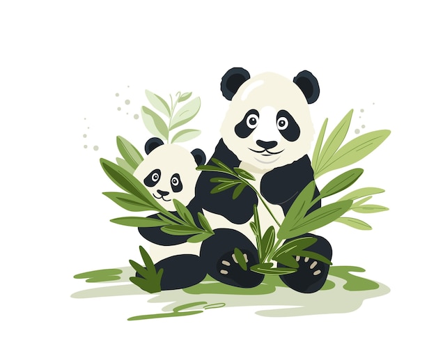 Vector cartoon panda mom and baby with bamboo vector illustration