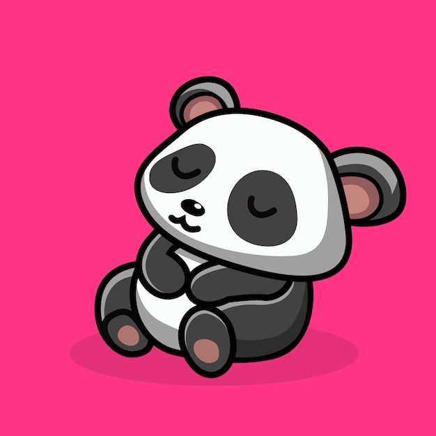 A cartoon panda sits on a pink backgroundPanda sleeping funny animal character cartoon illustration