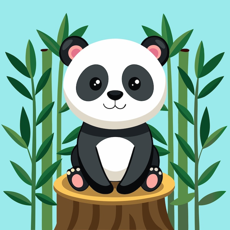 Vector a cartoon of a panda sitting on a stump with bamboo in the background