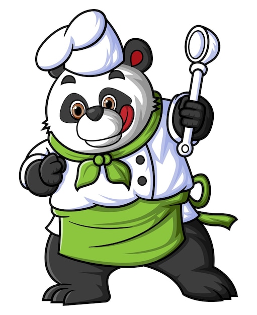 Un panda cartone animato che indossa un abito da chef in posa mentre si tiene un mestolo