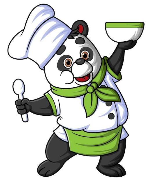 Un panda cartone animato che indossa un abito da chef in posa con un cucchiaio e una scodella di zuppa