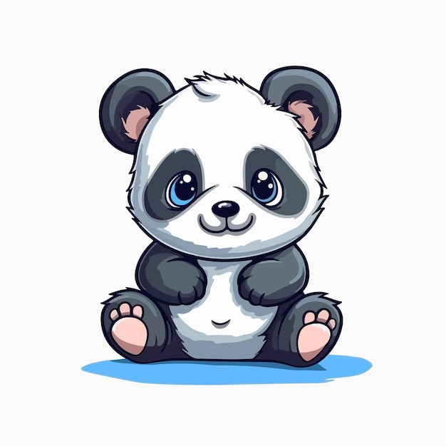 A cartoon panda with blue eyes sits on a white background.