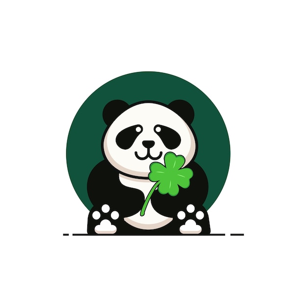 Cartone animato panda con trifoglio carino vettore di illustrazione