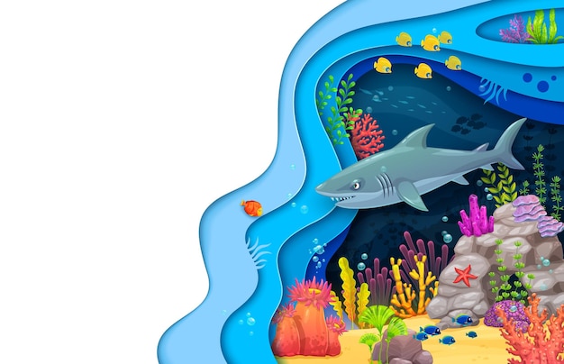 Vector cartoon paper cut underwater landscape and shark