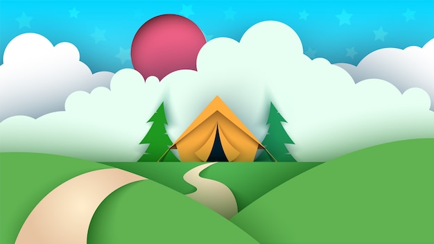 Вектор Мультфильм пейзаж бумаги. палатка, новогодняя елка, облако, небо, звездная иллюзия.