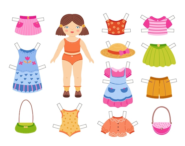 Cartoon papieren pop Schattig meisje speelgoed met zomerkleding collectie voor aankleden knippen en spelen retro spel vector illustratie set