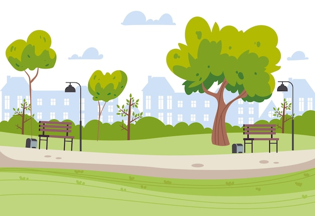 A cartoon of a park with a tree and benches.