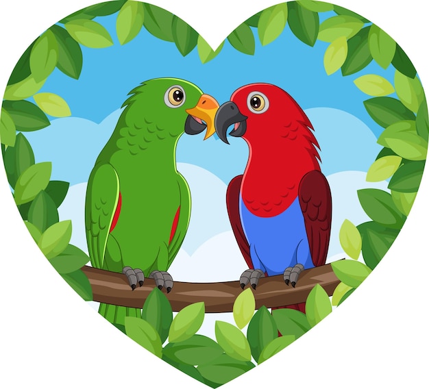 Cartoon Parrots Lovely Couple on Tree Branch