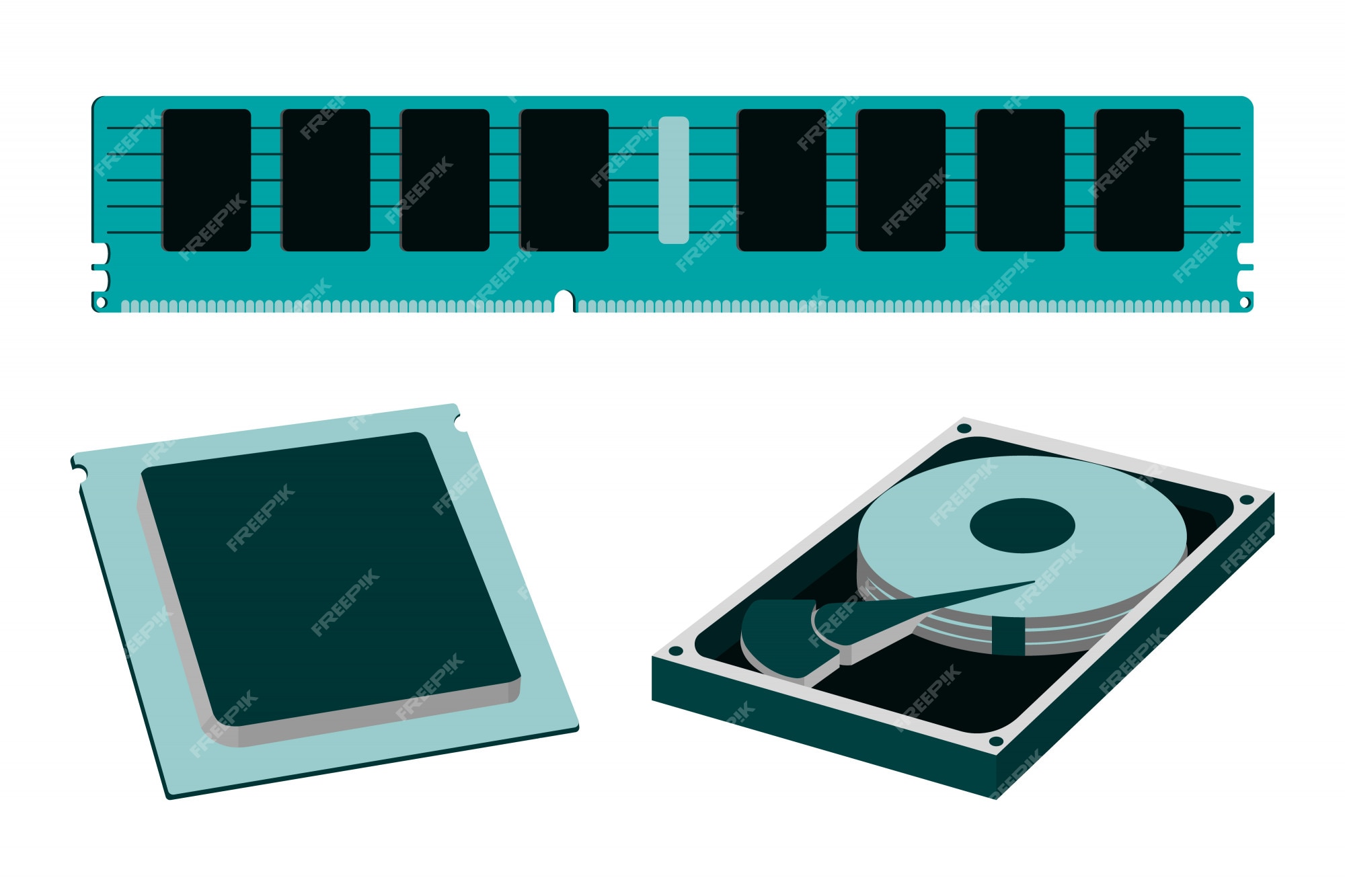 Premium Vector | Cartoon parts for personal pc. hdd, ram, cpu. Premium Vector | Cartoon parts for personal pc. hdd, ram, cpu.