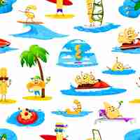 Vector cartoon pasta characters on beach seamless pattern