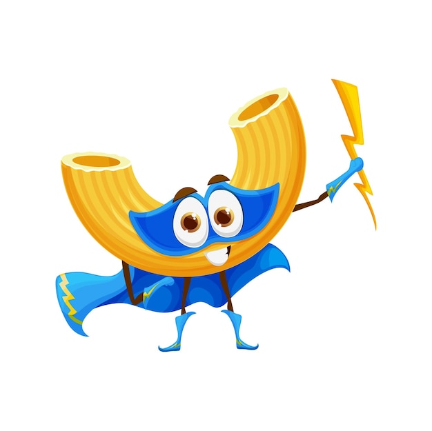 Cartoon pasta superhero gobetti rigati character in super hero costume vector Italian food Funny pasta gobetti rigati with magic lighting weapon in blue mask and defender superhero mantle cape