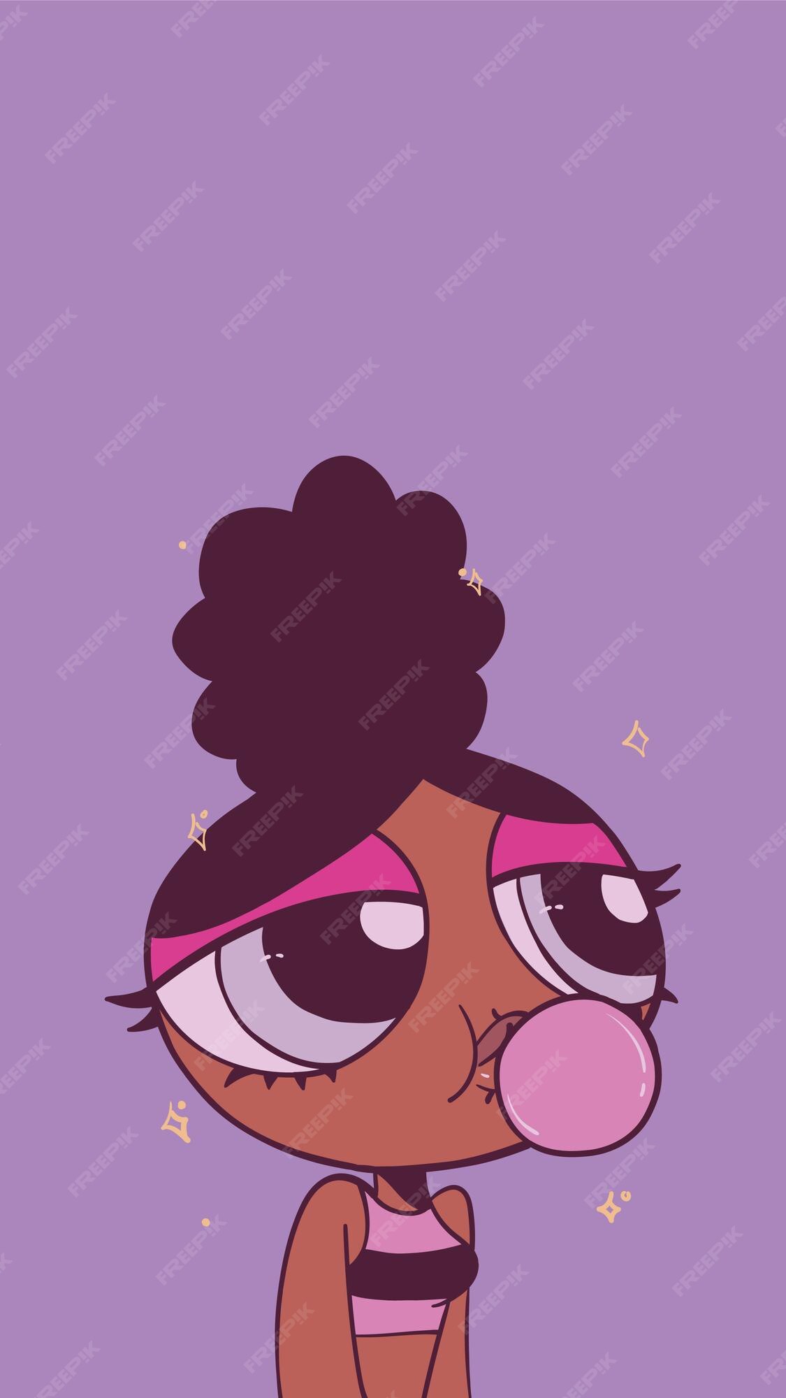 Cartoon pastel anime african american girl with bubble gum