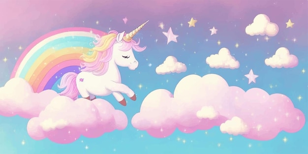 Vettore pony di unicorno pastello del fumetto che vola nel cielo arcobaleno stelle soffici nuvolekawaii pastello illustrazione