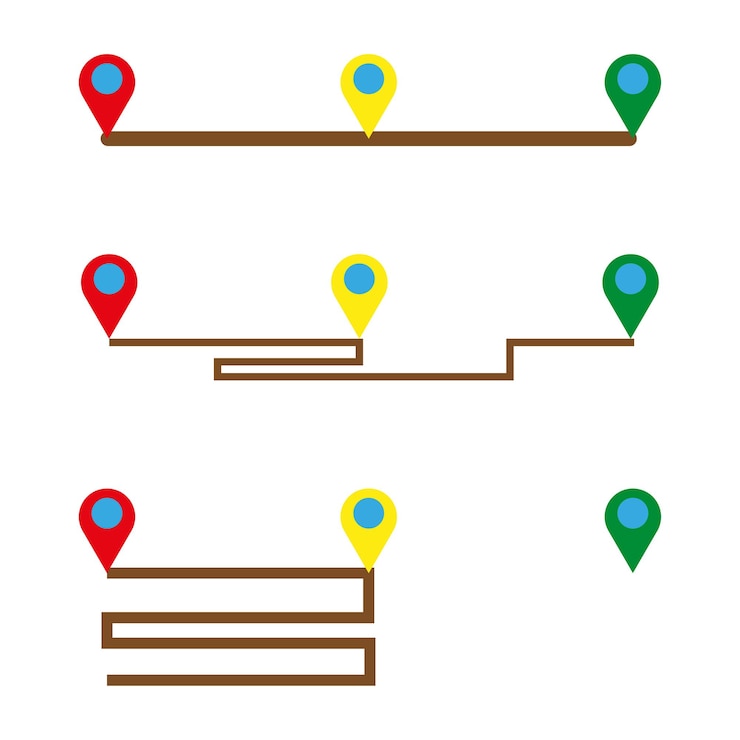 Vector cartoon paths. colored pins in cartoon style. road trip. mark location. vector illustration.