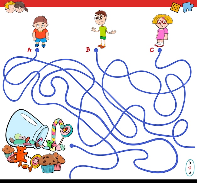 Cartoon paths maze game with kids and candy